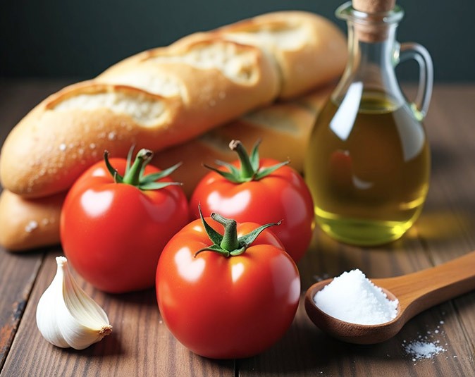 The ingredients for a Spanish tostada con tomate A baguette, 3 tomatoes, olive oil and salt