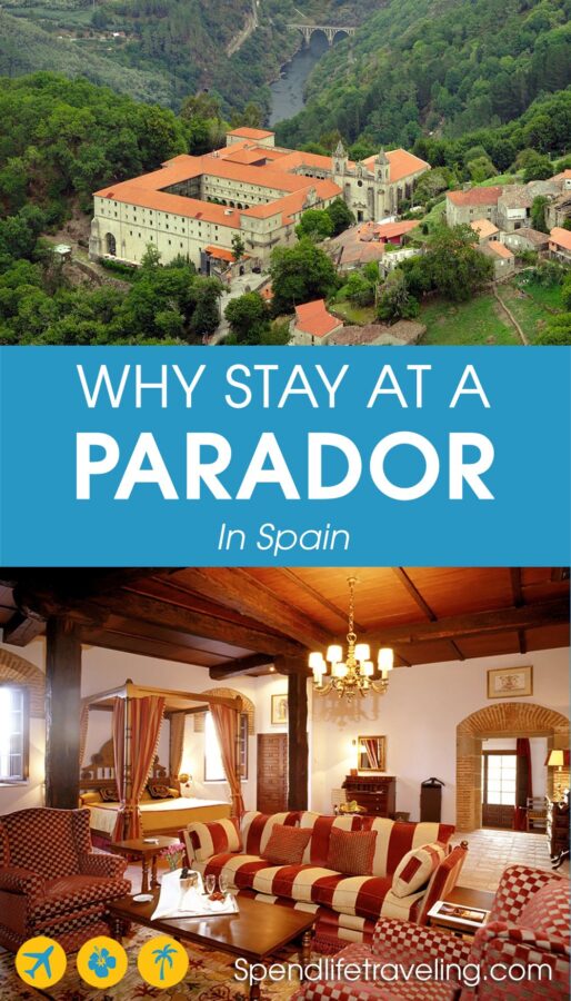If you are looking for unique places to stay in Spain, check out the Paradores all over the country! This article explains what makes #Paradores in Spain unique. #Parador #luxuryhotel #uniquehotel 2 of the best paradores in Spain with the text 'Why stain at a Parador in Spain'