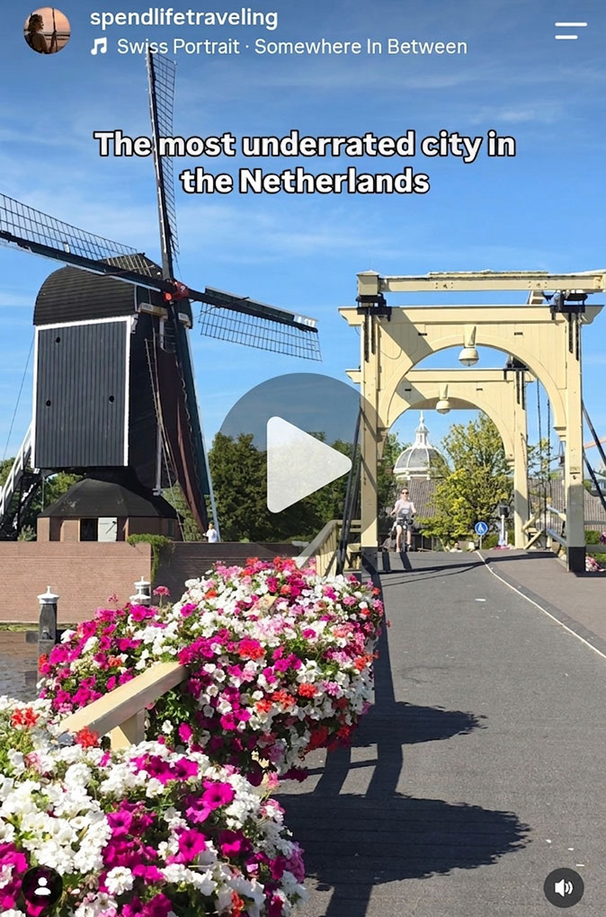 Why visit Leiden - Instagram Reel A traditional Dutch windmill and bridge in Leiden