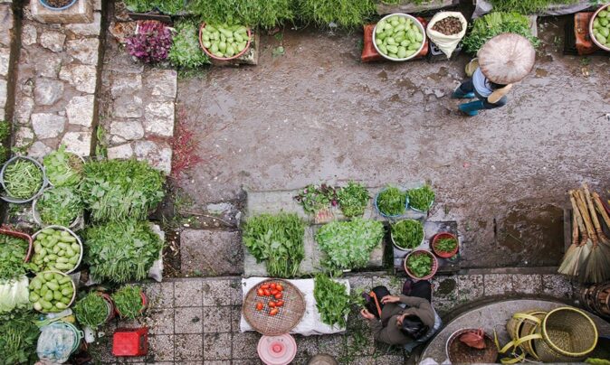 A picture of fruit and vegetable stalls taken from above, showing one vendor, a lot of green vegetables and 1 customer