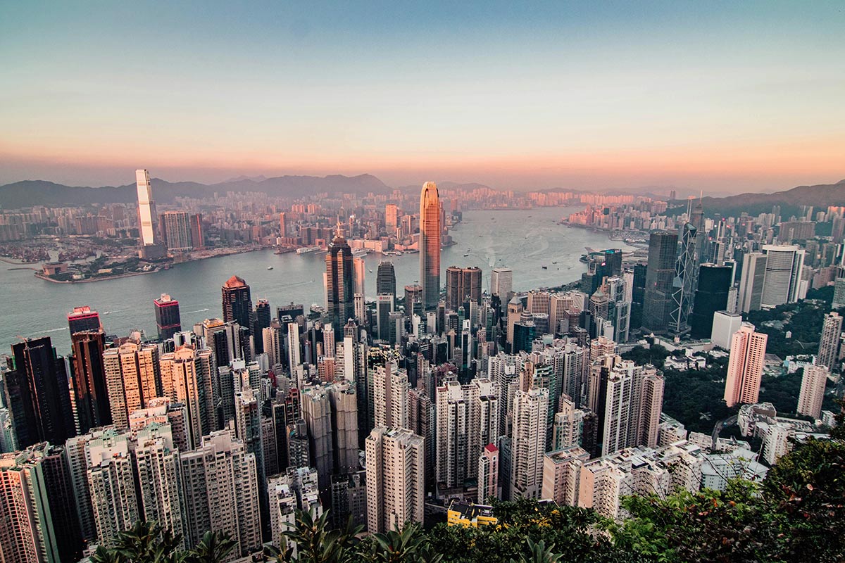 Aerial view of a modern city with a lot of high rise buildings