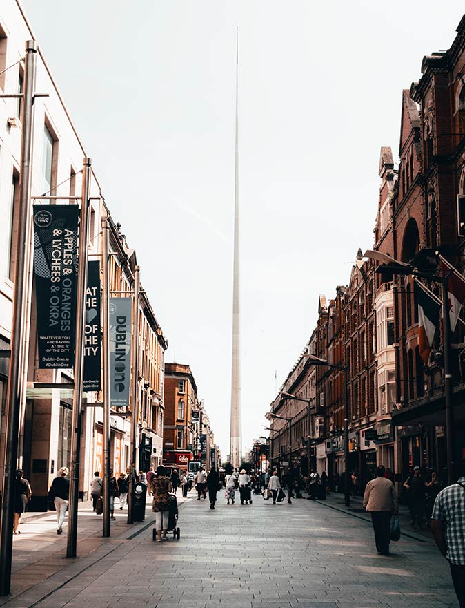 living in Dublin as an expat a pedestrianized street in the center of Dublin with many people and shops on both sides