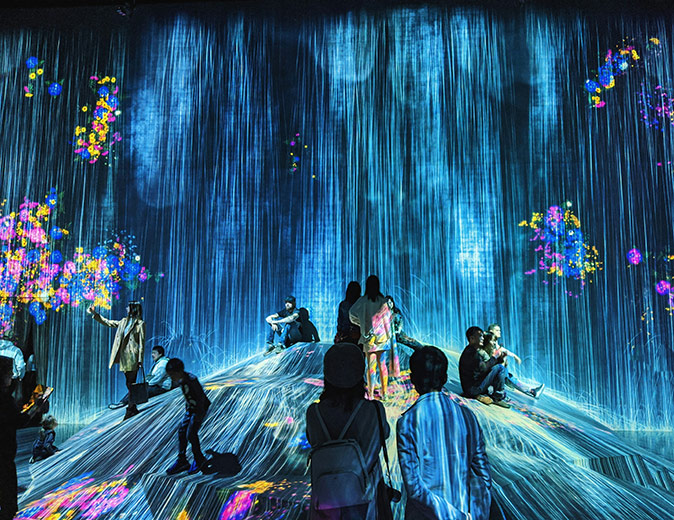 tech things to do in Tokyo People looking at an interactive art installation showing lights and flowers