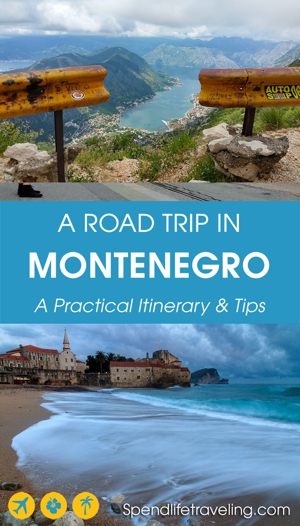 Everything you need to know for the perfect Montenegro road trip. #Montenegro #roadtrip #Balkans two pictures of Montenegro with the text 'A road trip in Montenegro - A practical itinerary & tips'