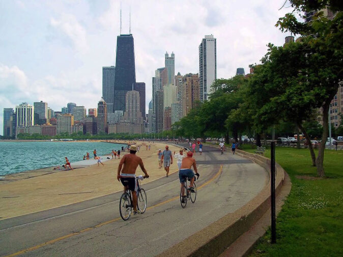 people walking and cycling along the Lakefront Trail people walking and cycling along the Lakefront Trail
