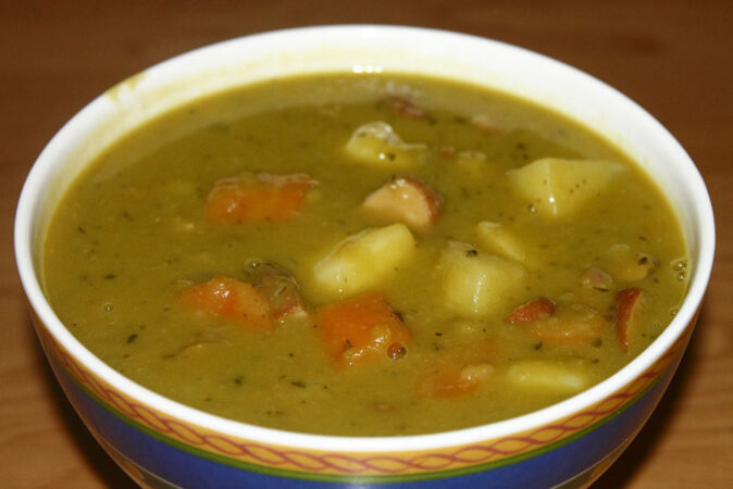 traditional Dutch food: erwtensoep a bowl of Dutch pea soup