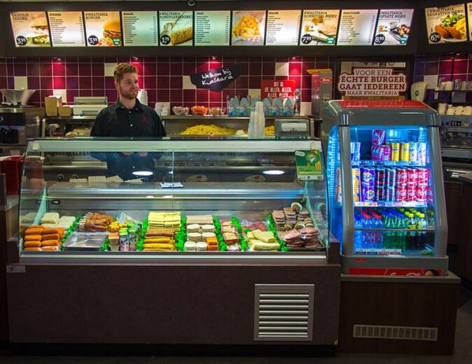 Dutch deep-fried snacks on display in a snack bar Dutch snacks on display in a snack bar