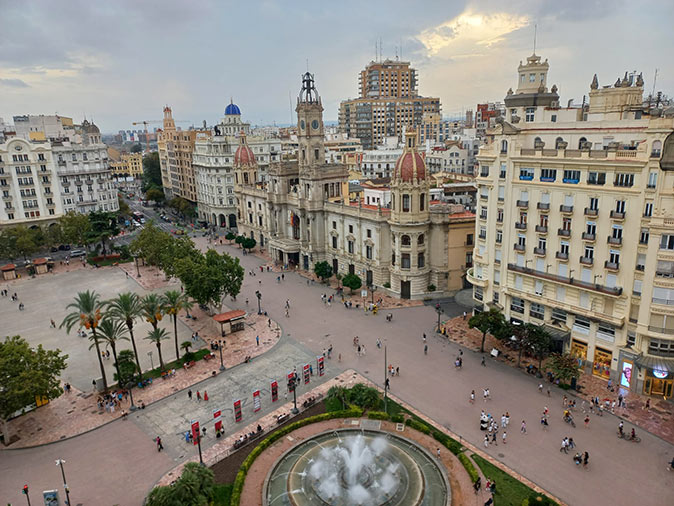 Valencia, a popular digital nomad destination in Spain an aerial view of the central plaza del Ayuntamiento in Valencia