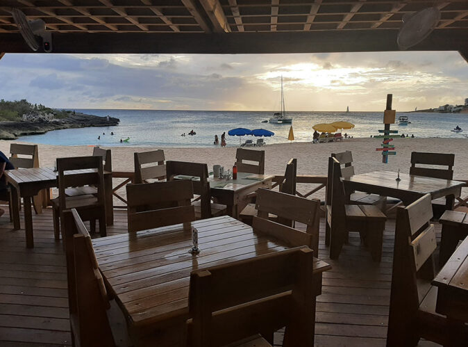 view of Mullet Bay from a beach bar view of Mullet Bay from a beach bar