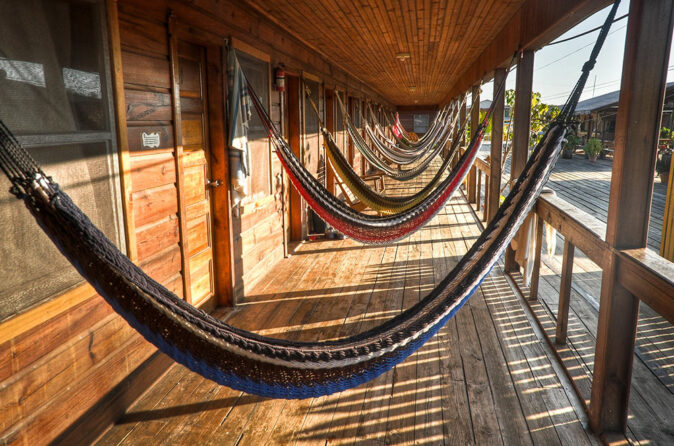 a row of hammocks at a dive center in Utila a row of hammocks at a dive center
