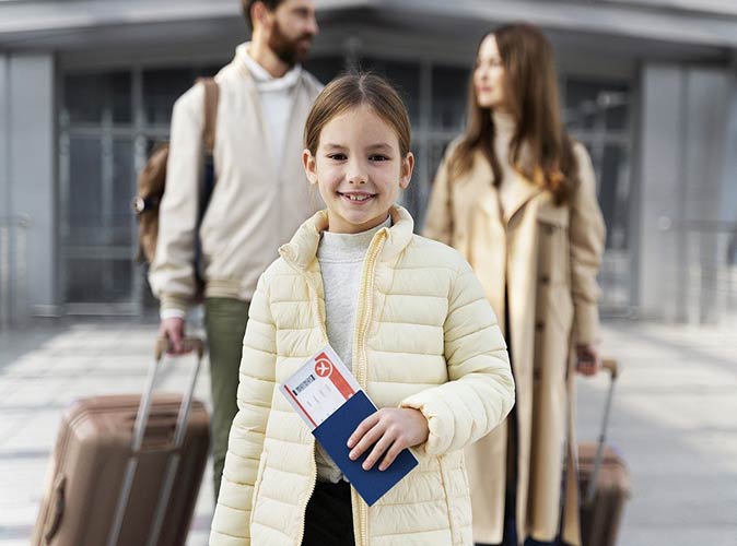 two adults and a child traveling with an ESTA
