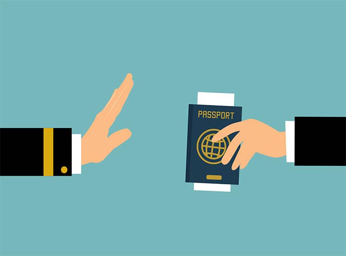 drawing of two hands, one with a passport and one showing rejection to the passport