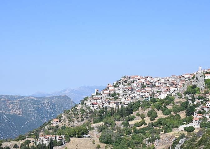 an aerial view of the town of Delphi