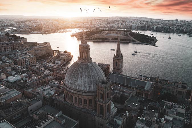 aerial view of Valletta at sunset