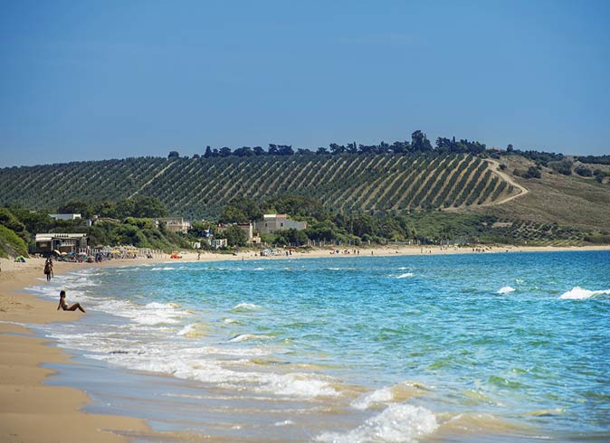 Hills covered with vineyards in the background and the turquoise sea and warm yellow sandy beach in the foreground