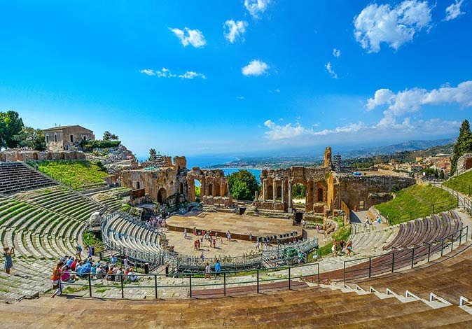 Taormina, one of the most beautiful places in Sicily an aerial view of the open-air amphitheater in Taormina with the sea in the background