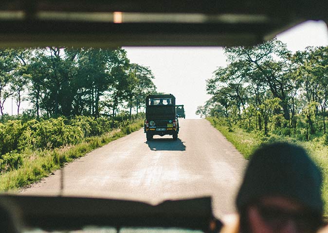 looking through the window of one safari jeep to another safair jeep driving in the Kruger Park