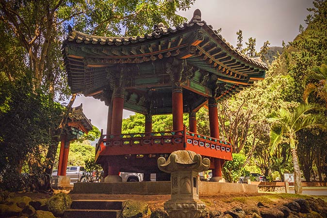 Kepaniwai Park, a free place to visit in Maui a Japanese style pergola surrounded by trees
