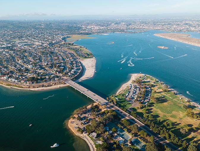 an aerial view of Mission Bay in San Diego