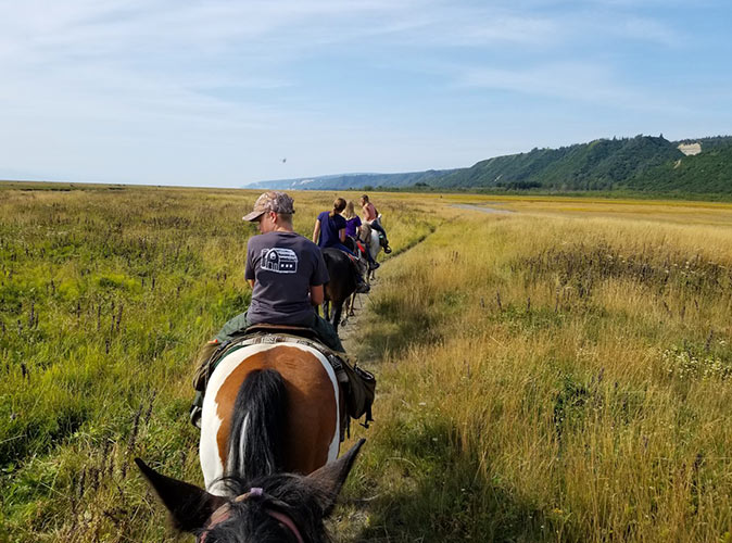A wilderness horse ride in Alaska several people following each other on horses