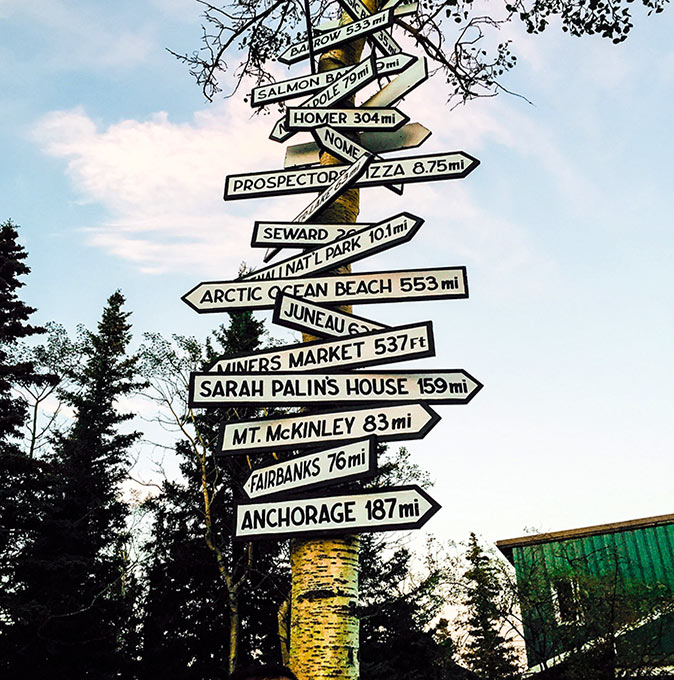 several signs on a tree pointing at destinations in Alaska