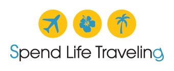 a logo with a plane, flower and palm tree and the words 'Spend Life Traveling'