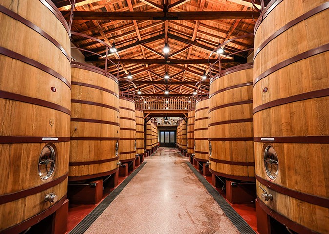 A wine tour as part of a romantic getaway in Spain two rows of large wine barrels inside a wine cellar