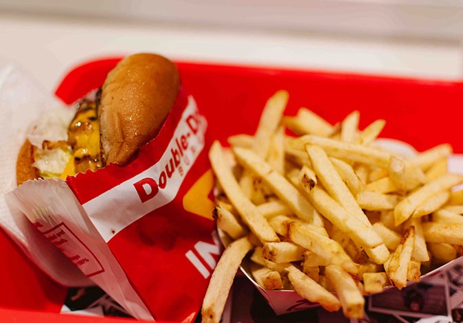 A local favorite in Los Angeles A burger and fries on a red tray