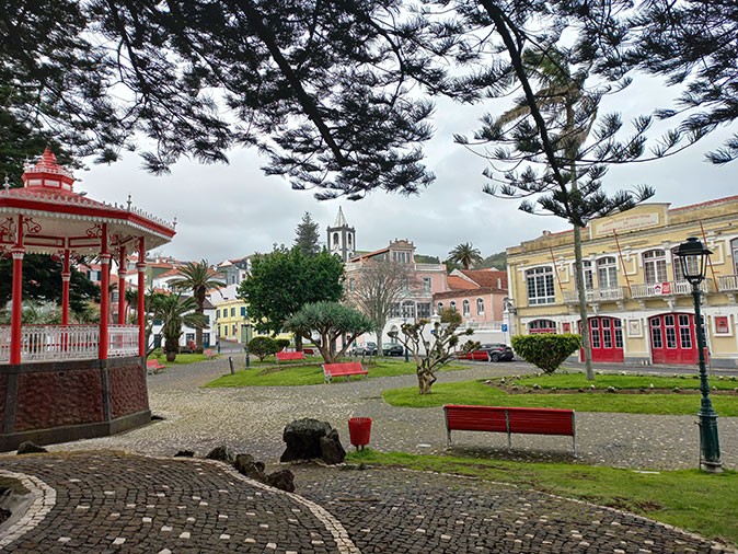 A city park with various trees, paths and bright red benches