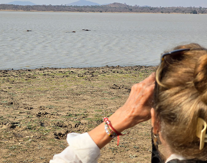 Volunteering with Biosphere Expeditions in Malawi, Africa A woman with binoculars looking towards a lake, trying to spot hippos and elephants