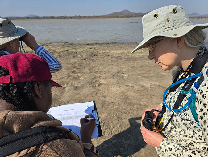 Volunteer work with elephants and hippos in Malawi, Africa A woman taking notes while two other women use binoculars to look at hippos in a lake