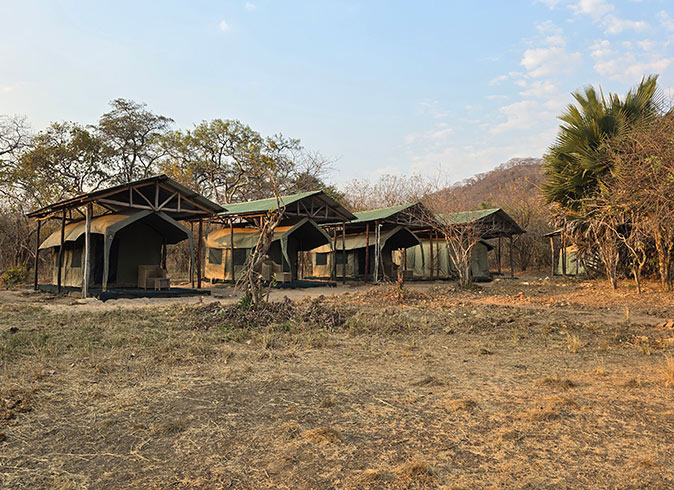 Living in safari tents while volunteering with Biosphere Expeditions 5 safari tents in a row surrounded by dry, African vegetation