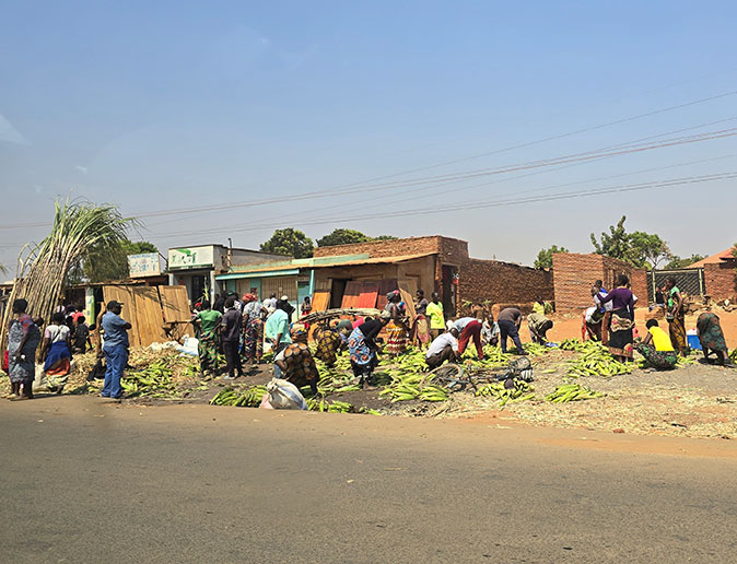 Everyday life in Malawi, Africa people selling crops at a market alongside a road with simple brown stone buildings in the background