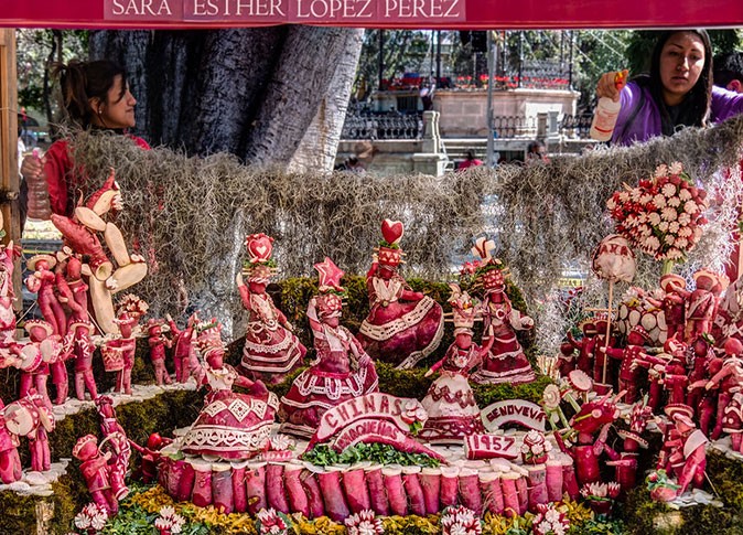 A special Christmas tradition in Mexico A display of different figurines carved out of raddishes