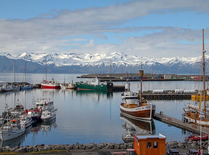 A perfect experience exploring Iceland by campervan A marina with several boats and snow capped mountains in the background