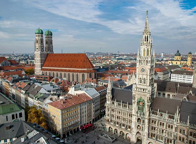 Munich, Germany Aerial view of a typical European city showing a central square, a large church building and several other historic buildings