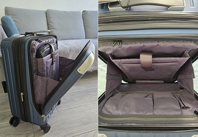 Versatile carry-on luggage Two pictures showing close-ups of an opened suitcase showing the interior with different compartments