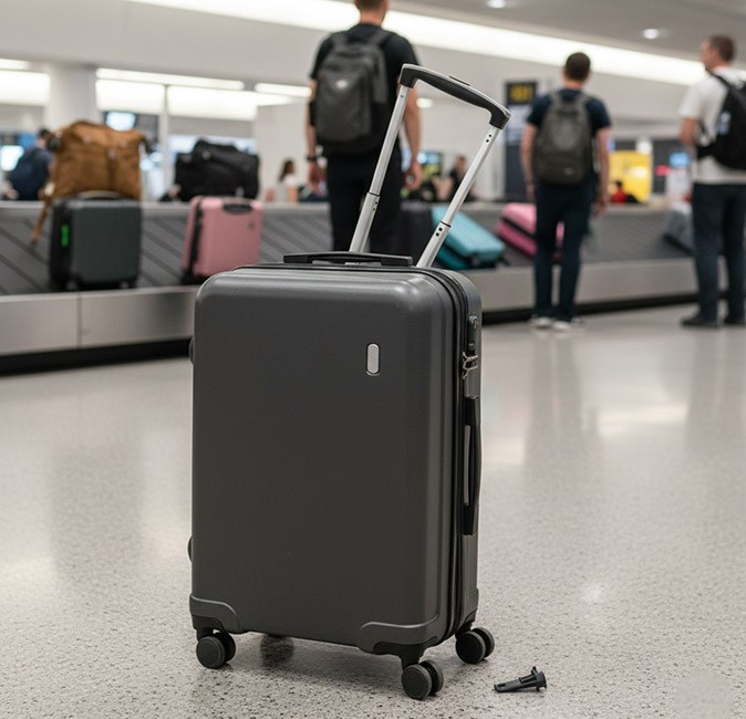 The most important things to look for when buying a new carry-on suitcase A gray suitcase with a broken handle standing at an airport with the luggage belt with several people and suitcases in the background