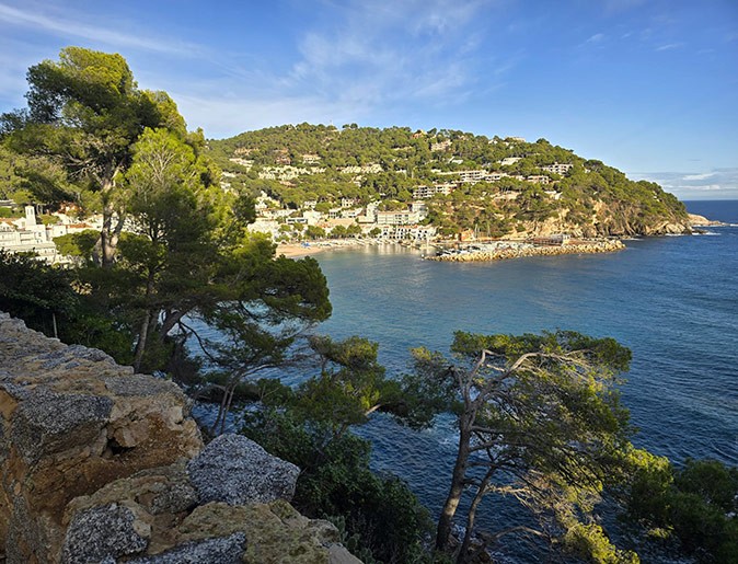 A rocky coastline showing bright blue water, several trees and a coastal town with a small marina