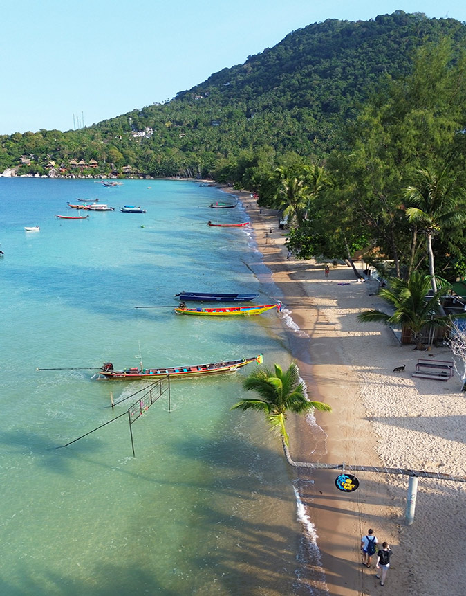 Drone view of a tropical coastline with a white sandy beach, colorful small boats, palm trees and a green hill in the background