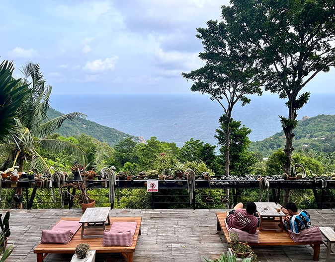 View from a cafe overlooking lush green hills