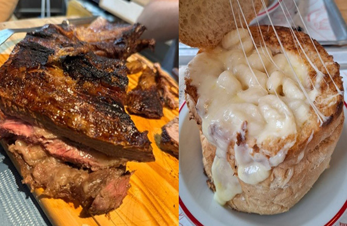 Food in Buenos Aires 2 traditional Argentinian dishes: red meet on a wooden board on the left and bread filled with a cheesy pasta on the right