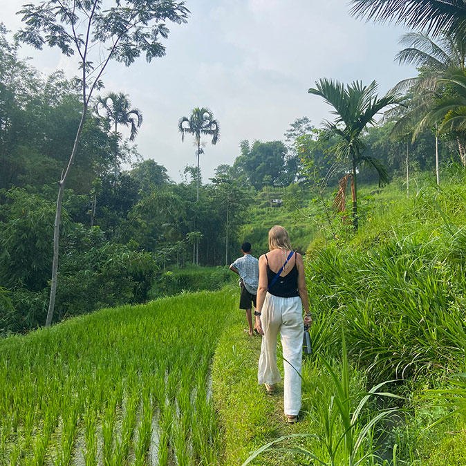 moving to Lombok, Indonesia A woman and a man walking through a brigt green rice field with palm trees and other green plants in the background