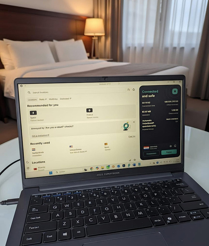 Using a VPN at a hotel A laptop showing a VPN with a hotel bed in the background