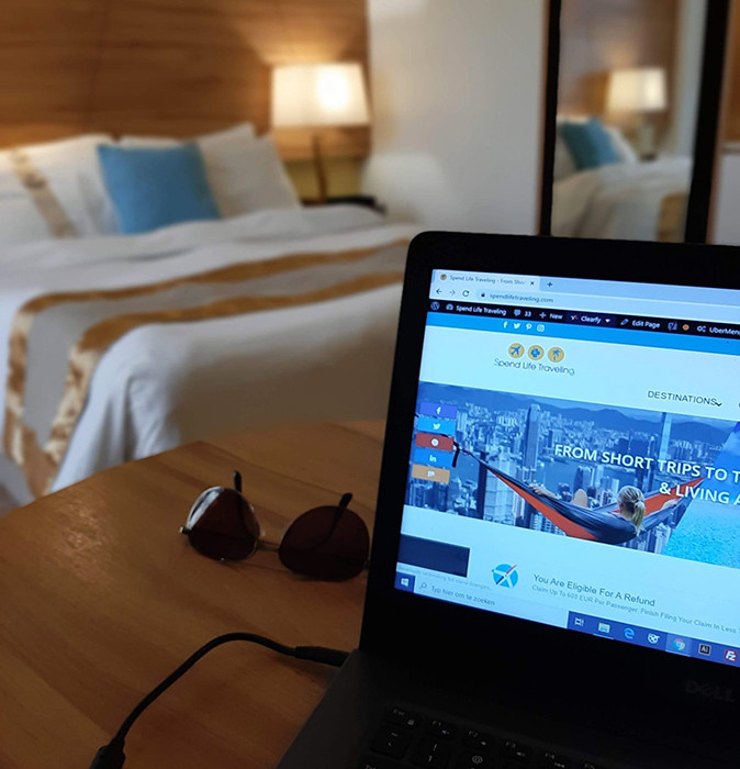 Using the wifi in a hotel room A laptop in a hotel room