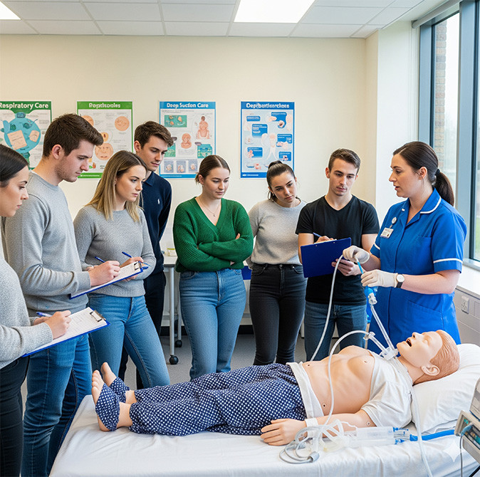 A group of medical students and a teacher looking at a medical manikin in a classroom