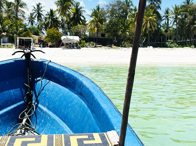 Part of the blue interior of a boat with a sandy beach and palm trees in the background