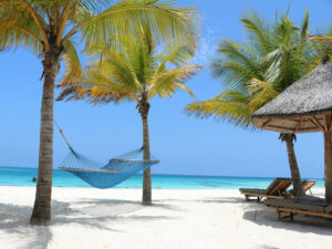A beuatiful white sandy beach with palm trees, a hammock and part of a beach hut