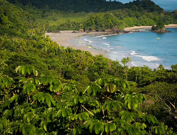 Lush green jungle around a sandy beach with some people and bright blue water