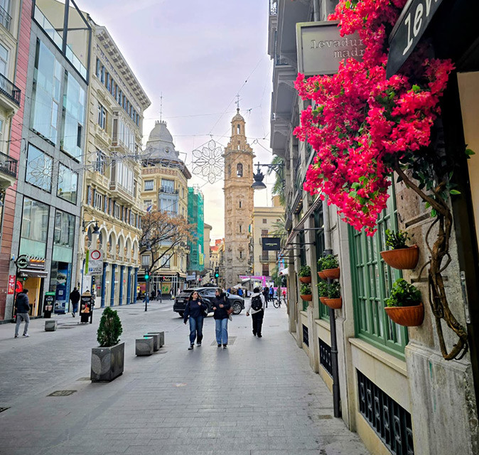 Living comfortably in Valencia as a remote worker A city center street lined with shops, historic buildings and some flowers in the foreground